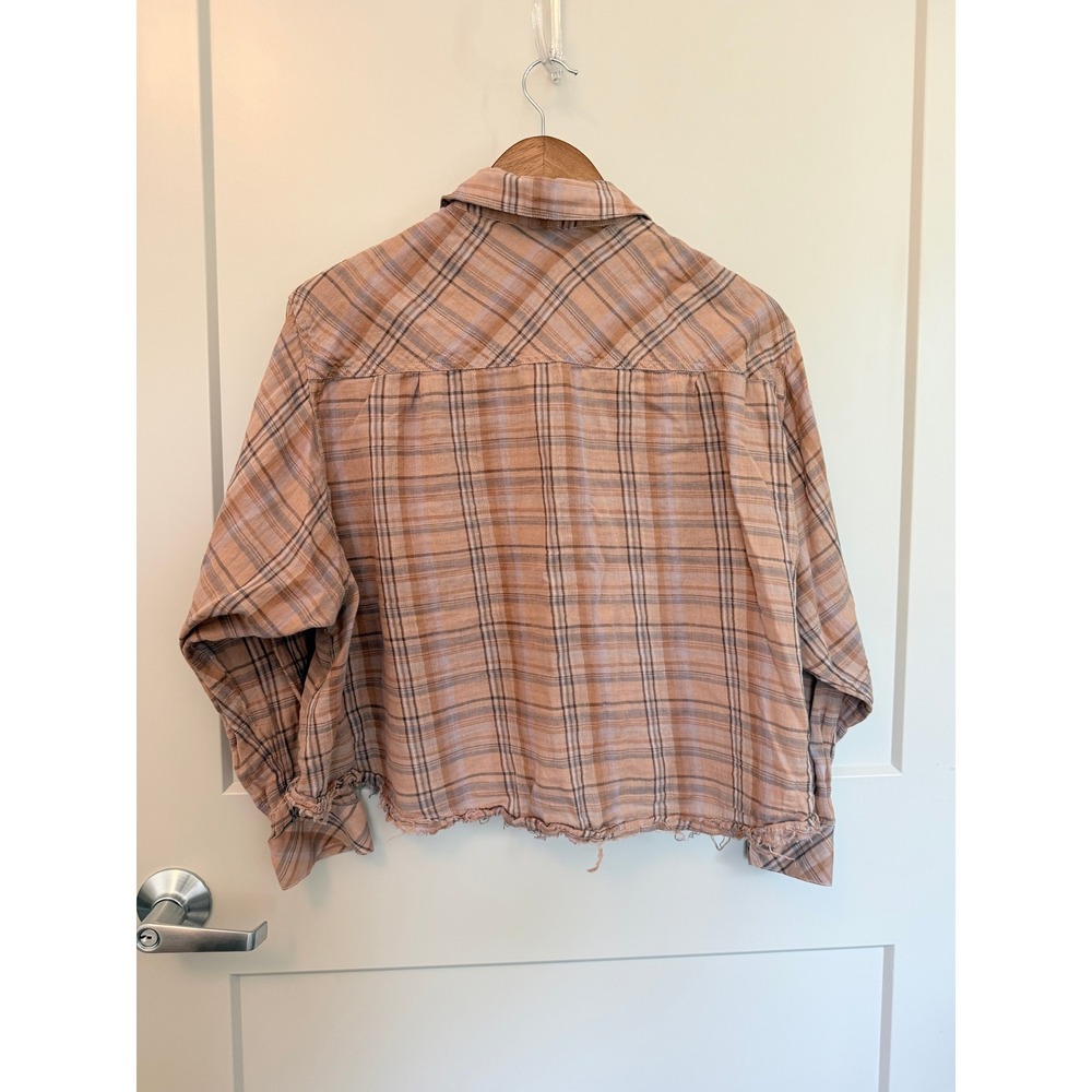 Millibon USA Gauzy Cotton Beige Plaid Cropped Western Swing Shirt Raw Hem Small - Picture 2 of 6